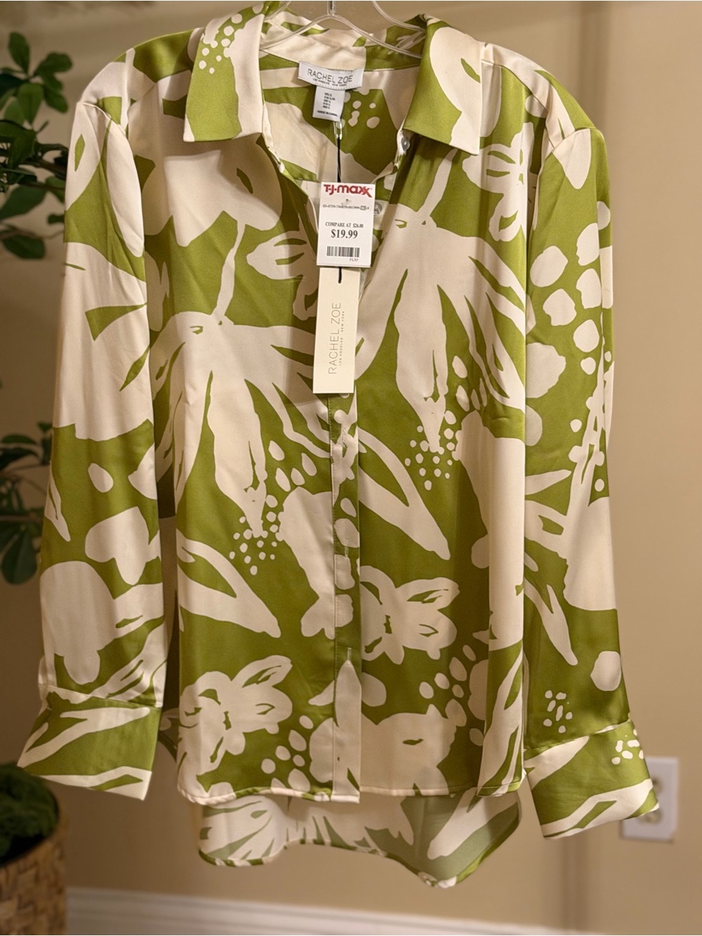 Rachel Zoe Cream and Olive Green Floral Silk-Feel Blouse - Picture 2 of 8